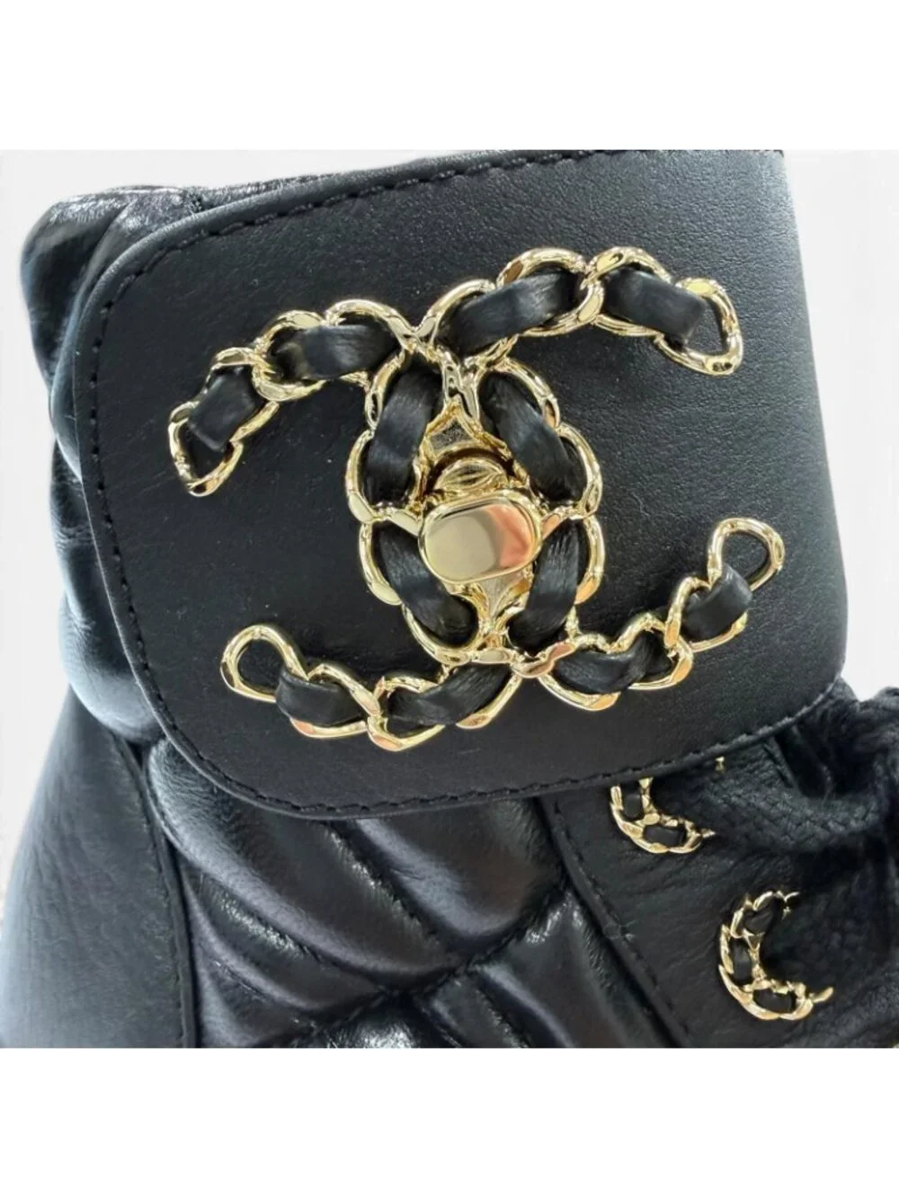 Chanel Quilted Chain CC Logo Turnlock Leather Short Boots Black 34 with